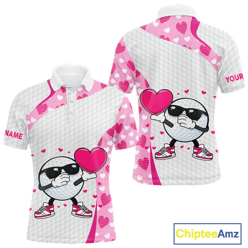 Personalized funny golf ball pink heart pattern white Mens golf polo shirts, Valentine golf gifts NQS11324