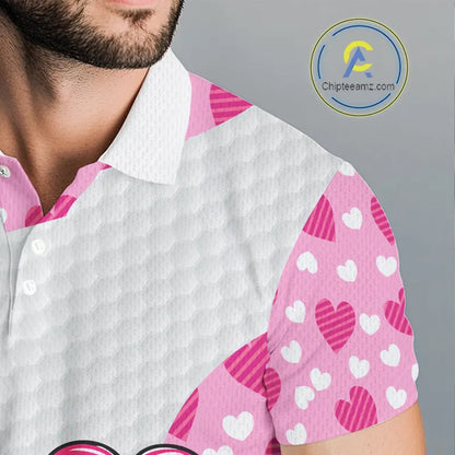 Personalized funny golf ball pink heart pattern white Mens golf polo shirts, Valentine golf gifts NQS11324