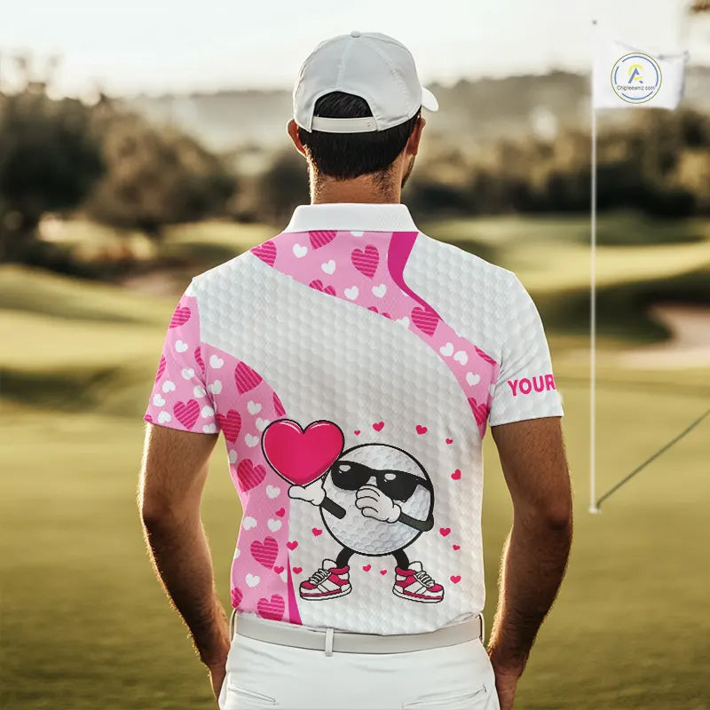 Personalized funny golf ball pink heart pattern white Mens golf polo shirts, Valentine golf gifts NQS11324