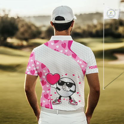 Personalized funny golf ball pink heart pattern white Mens golf polo shirts, Valentine golf gifts NQS11324