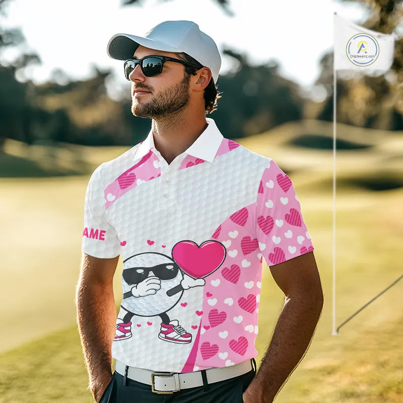 Personalized funny golf ball pink heart pattern white Mens golf polo shirts, Valentine golf gifts NQS11324