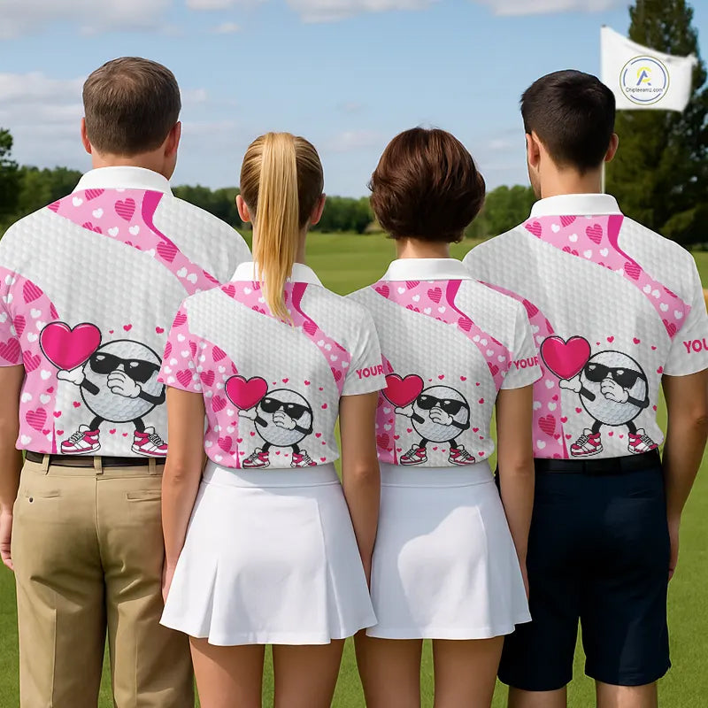 Personalized funny golf ball pink heart pattern white Mens golf polo shirts, Valentine golf gifts NQS11324