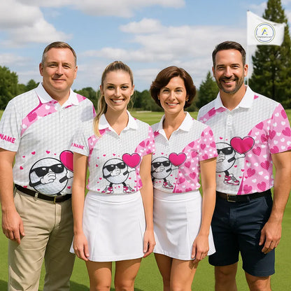 Personalized funny golf ball pink heart pattern white Mens golf polo shirts, Valentine golf gifts NQS11324