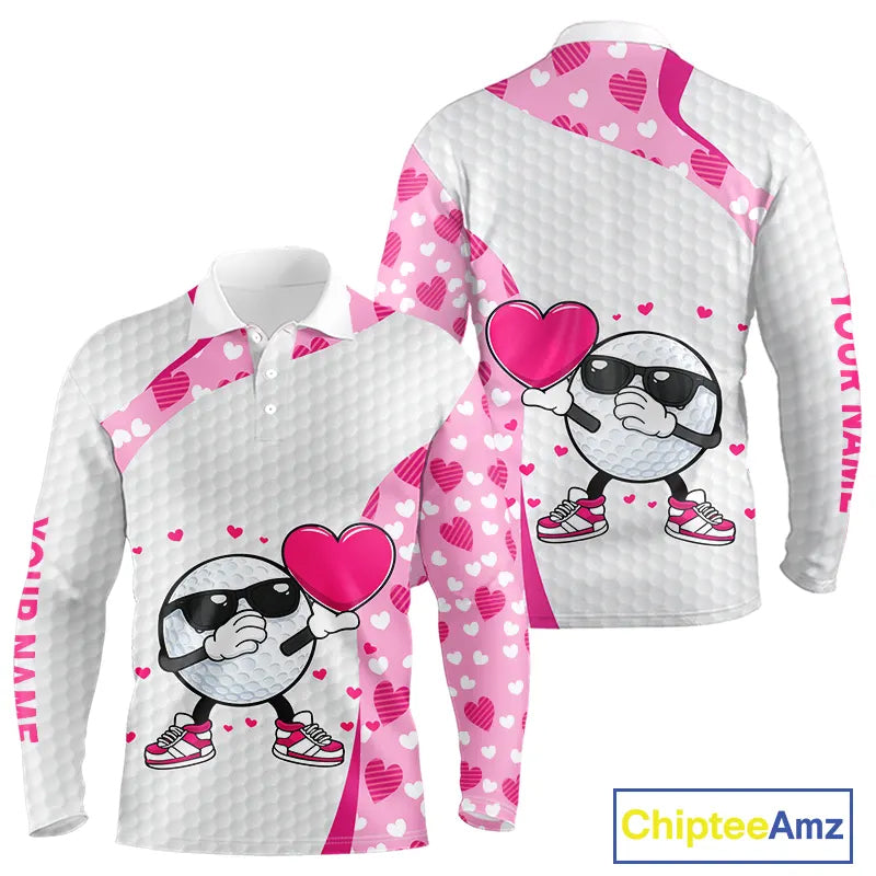 Personalized funny golf ball pink heart pattern white Mens golf polo shirts, Valentine golf gifts NQS11324