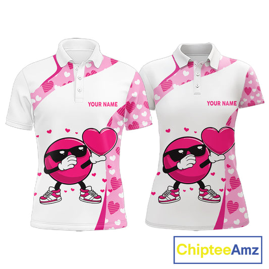 Custom funny bowling ball pink heart pattern matching bowling shirts for couples, Valentine gifts NQS11325