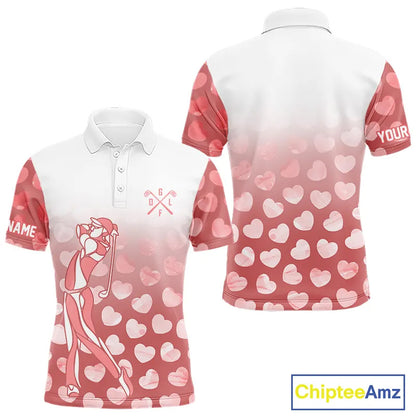 Personalized pink heart pattern white Mens golf polo shirts, custom Valentine golf gifts for him NQS11326