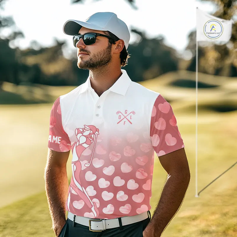 Personalized pink heart pattern white Mens golf polo shirts, custom Valentine golf gifts for him NQS11326