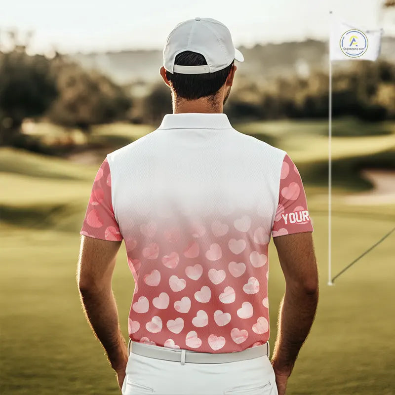 Personalized pink heart pattern white Mens golf polo shirts, custom Valentine golf gifts for him NQS11326