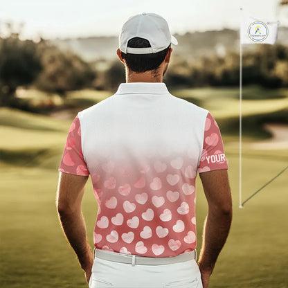 Personalized pink heart pattern white Mens golf polo shirts, custom Valentine golf gifts for him NQS11326