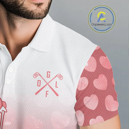 Personalized pink heart pattern white Mens golf polo shirts, custom Valentine golf gifts for him NQS11326