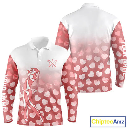 Personalized pink heart pattern white Mens golf polo shirts, custom Valentine golf gifts for him NQS11326