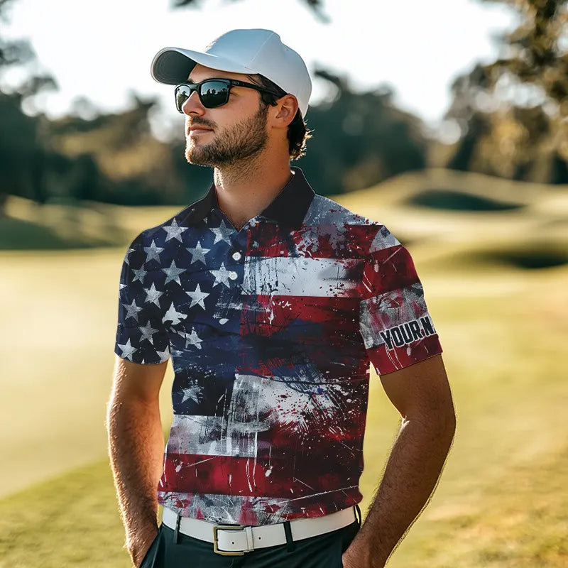 Personalized Polo golf shirts for men custom grunge American Flag patriotic mens golf wears NQS9433