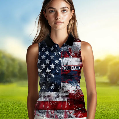 Personalized Sleeveless Polo shirts for Women custom grunge American Flag patriotic Ladies golf wears NQS9433