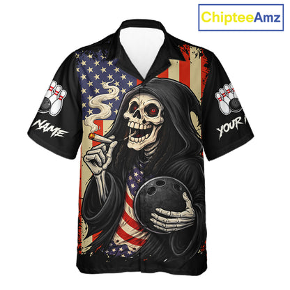 Custom American Flag Skull Bowling button-up shirts, patriotic team Bowling jerseys gift for bowlers NQS11538