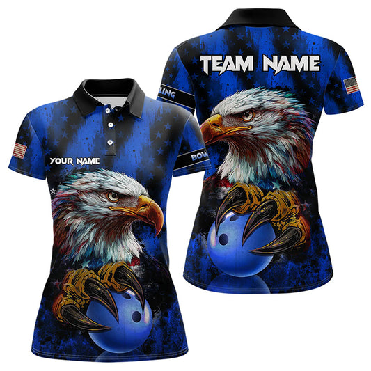 American Flag Eagle Women Bowling Polo, 1/4 Zip Shirt Custom Name Patriotic Bowling Team Jersey | Blue NQS9755