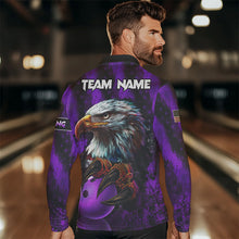 Load image into Gallery viewer, American Flag Eagle Mens Bowling Polo, 1/4 Zip Shirt Custom Patriotic Bowling Team Jersey | Purple NQS9756