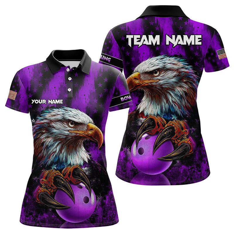American Flag Eagle Women Bowling Polo, 1/4 Zip Shirt Custom Patriotic Bowling Team Jersey | Purple NQS9756