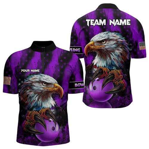 American Flag Eagle Mens Bowling Polo, 1/4 Zip Shirt Custom Patriotic Bowling Team Jersey | Purple NQS9756