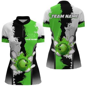 Black white bowling fire league jerseys custom Bowling polo, quarter zip shirts for Women | Green NQS7668