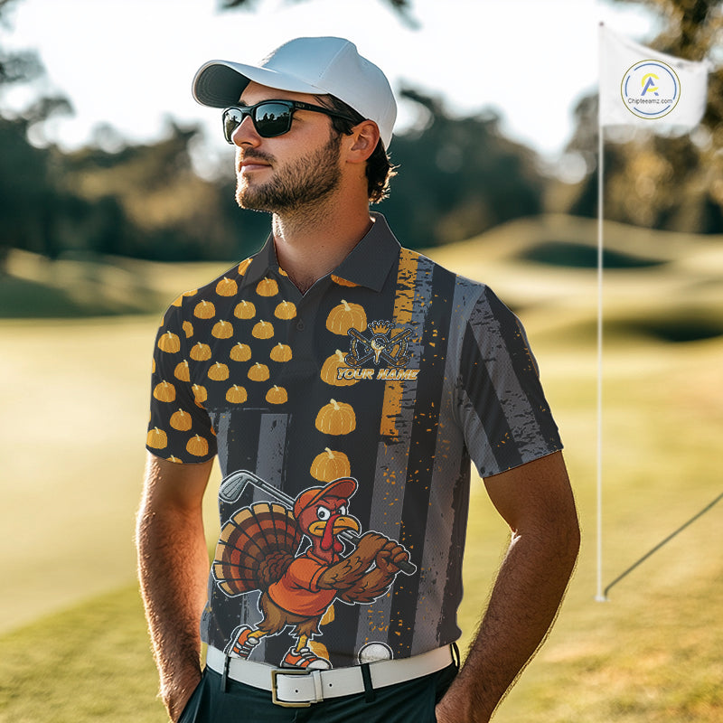 Funny Golf Polo Shirts For Men Custom Pumpkin American Flag Turkey Thanksgiving golf shirt NQS10944
