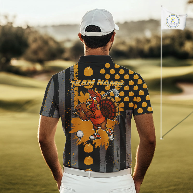 Funny Golf Polo Shirts For Men Custom Pumpkin American Flag Turkey Thanksgiving golf shirt NQS10944