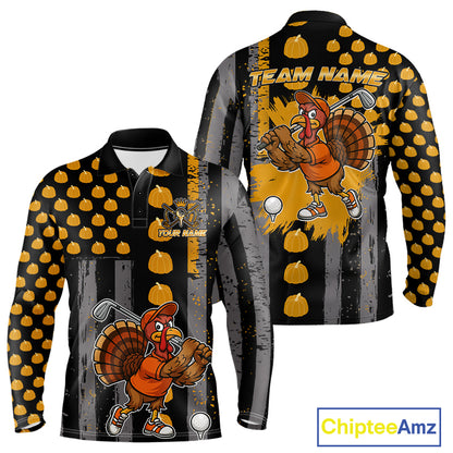 Funny Golf Polo Shirts For Men Custom Pumpkin American Flag Turkey Thanksgiving golf shirt NQS10944