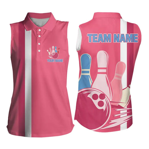 Retro Women sleeveless polo shirts Custom team bowling jerseys, vintage bowling uniform | Pink NQS9275