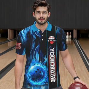 Blue Flame American Flag Men Bowling Polo, Quarter Zip Shirt  Custom Patriotic Bowling Team Jerseys NQS9439