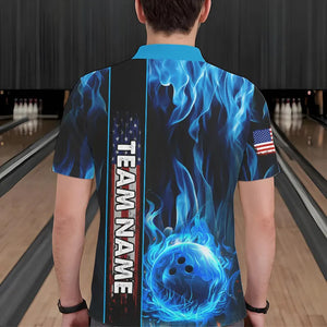 Blue Flame American Flag Men Bowling Polo, Quarter Zip Shirt  Custom Patriotic Bowling Team Jerseys NQS9439