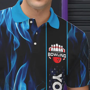 Blue Flame American Flag Men Bowling Polo, Quarter Zip Shirt  Custom Patriotic Bowling Team Jerseys NQS9439