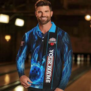 Blue Flame American Flag Men Bowling Polo, Quarter Zip Shirt  Custom Patriotic Bowling Team Jerseys NQS9439