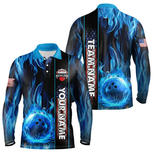 Blue Flame American Flag Men Bowling Polo, Quarter Zip Shirt  Custom Patriotic Bowling Team Jerseys NQS9439