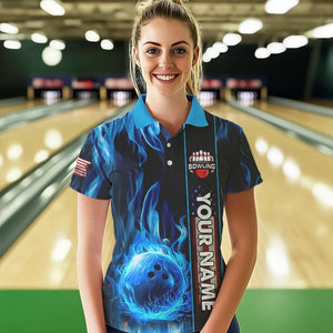 Blue Flame American Flag Women Bowling Polo, Quarter Zip Shirt  Custom Patriotic Bowling Team Jerseys NQS9439