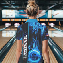 Load image into Gallery viewer, Blue Flame American Flag Women Bowling Polo, Quarter Zip Shirt  Custom Patriotic Bowling Team Jerseys NQS9439