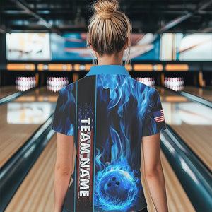 Blue Flame American Flag Women Bowling Polo, Quarter Zip Shirt  Custom Patriotic Bowling Team Jerseys NQS9439