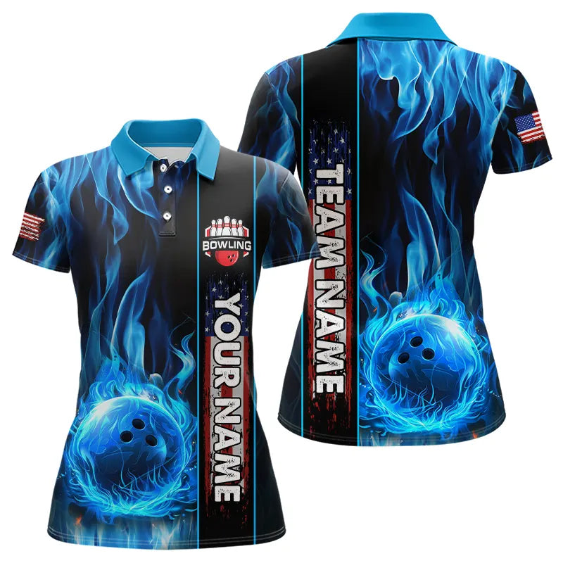 Blue Flame American Flag Women Bowling Polo, Quarter Zip Shirt  Custom Patriotic Bowling Team Jerseys NQS9439