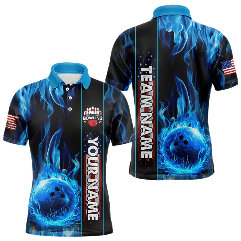 Blue Flame American Flag Men Bowling Polo, Quarter Zip Shirt  Custom Patriotic Bowling Team Jerseys NQS9439