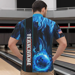 Blue Flame American Flag Men Bowling Polo, Quarter Zip Shirt  Custom Patriotic Bowling Team Jerseys NQS9439