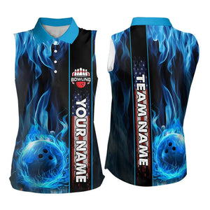 Blue Flame American Flag Bowling Sleeveless Polo Shirt Custom Patriotic Bowling Team Jerseys NQS9439