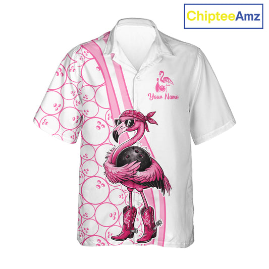 Funny Cute Pink Flamingo Custom White & Pink Bowling Hawaiian Shirts, Flamingo Bowling Team Outfits NQS11544
