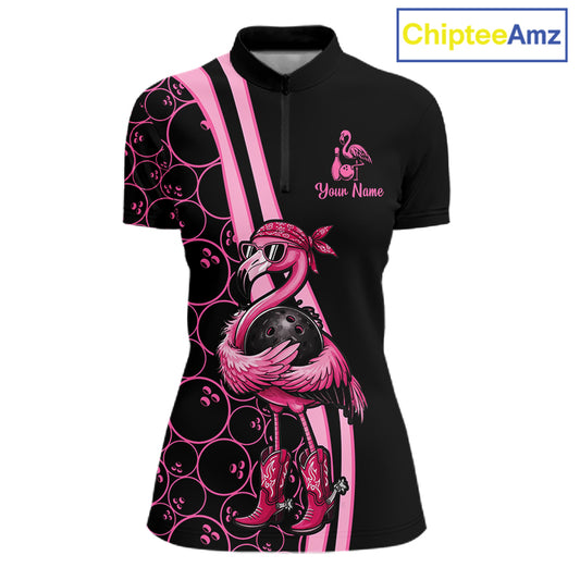 Funny Cute Pink Flamingo Custom Black & Pink Bowling Shirts For Ladies, Flamingo Bowling Team Outfits NQS11545