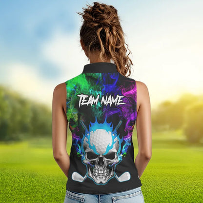 Colorful smoke Skull Sleeveless Golf Polo shirts for Women Custom Team Golf Jerseys, unique golf gifts NQS9610