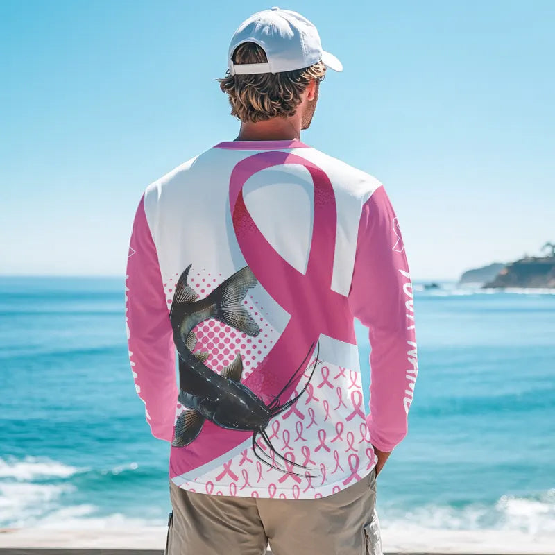Pink ribbon pattern Catfish fishing Breast Cancer Custom sun protection long sleeves fishing shirts NQS9761
