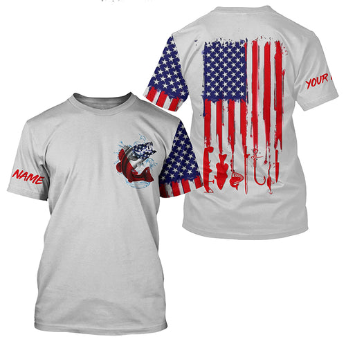 American flag Largemouth Bass fishing personalized patriotic UV Protection Fishing Shirts | Gray NQS5821