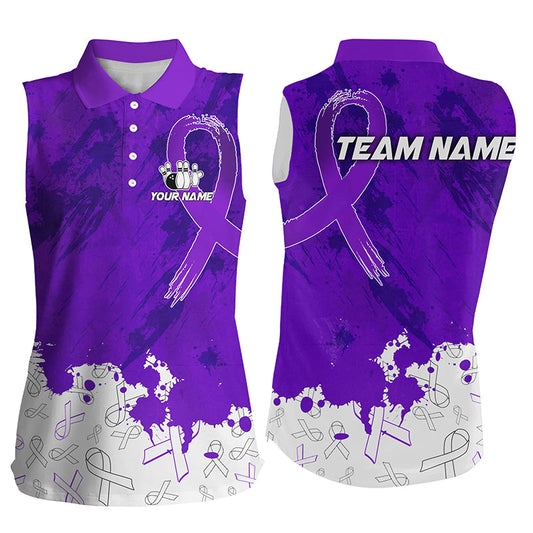 Personalized Purple Ribbons Pattern Bowling Sleeveless Polo Shirt, Custom breast cancer bowling shirts NQS8348
