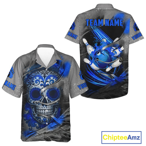 Blue Sugar Skull Tattoo Custom Bowling Hawaiian Shirt, Team Bowling button up shirt NQS10947