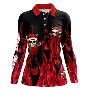 Black and Red Flame Womens golf polo Shirts custom Red Fire Santa Skull Christmas golf apparel NQS9041