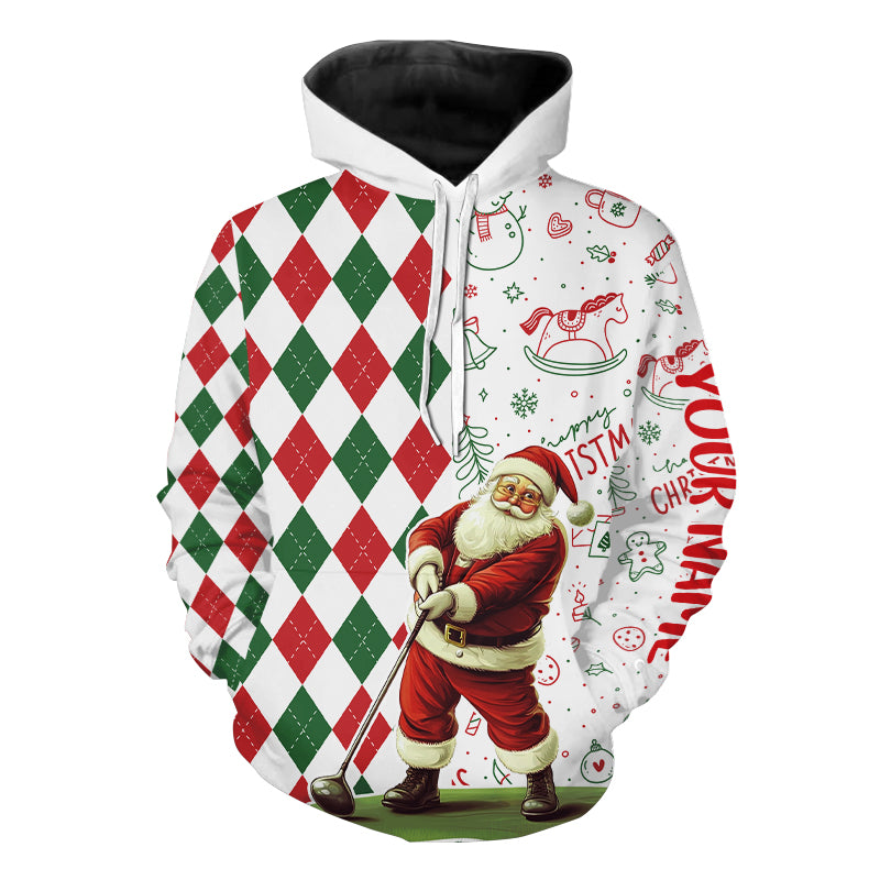 Christmas Santa golfer Golf Hoodies custom red, white, green argyle pattern Xmas golf gifts NQS9050