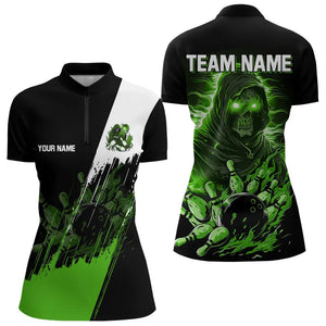 Black and Green Skull reaper bowling jerseys Polo, 1/4 Zip Shirt for Women Custom Bowling Team shirts NQS9279