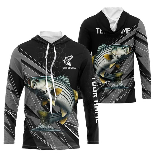 Personalized Black camo Striped Bass Fishing Jerseys, Striper Long Sleeve Fishing Tournament Shirts NQS9282